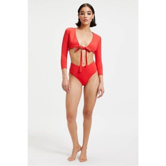 Good American Other - GOOD AMERICAN Sexy Boost 3/4 Sleeve Tie Front Bikini Top Poppy Red NWT